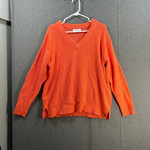 Encore by Idina Menzel Relaxed Cotton V-Neck Sweater Coral Size Medium - Picture 1 of 9